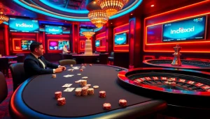 Players enjoy a thrilling game at a luxurious casino table featuring Indoxxi elements.