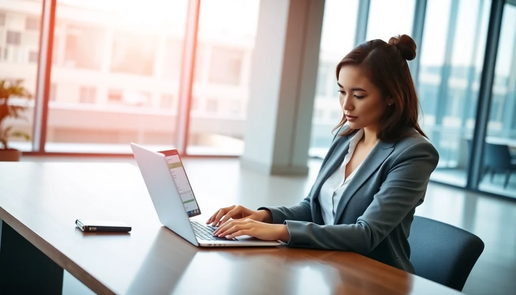 Complete the eta application uk with a professional businesswoman focused on her laptop.