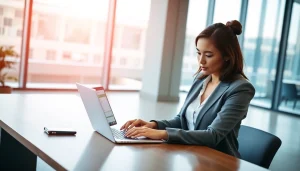 Complete the eta application uk with a professional businesswoman focused on her laptop.