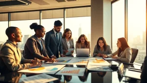 Gain business growth insights from a collaborative team analyzing data in a modern office.