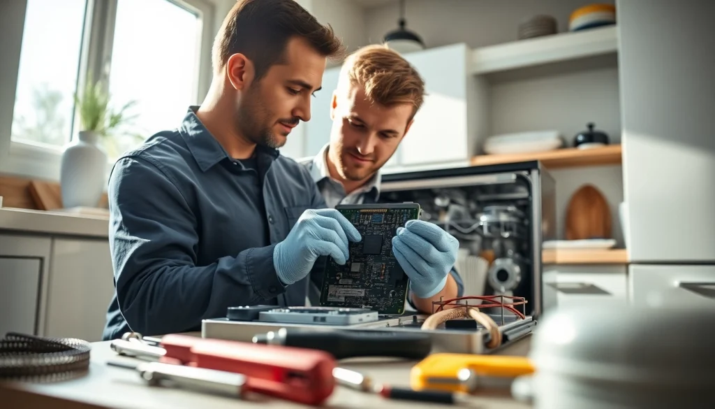 BOSCH dishwasher repair technician fixing appliance in a modern kitchen.