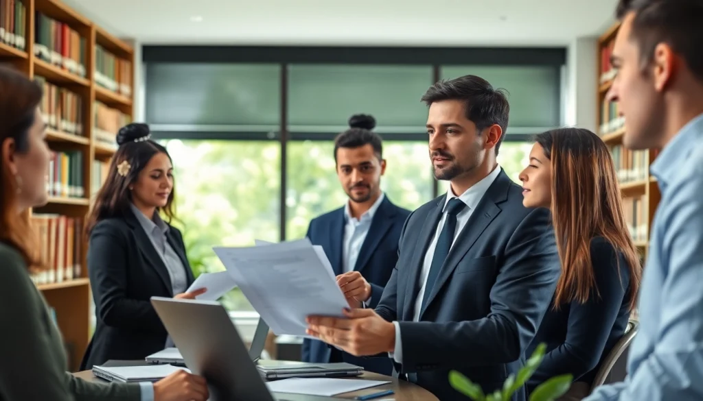 Environmental lawyer consulting clients about eco-friendly legal strategies in a modern office.