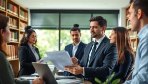 Environmental lawyer consulting clients about eco-friendly legal strategies in a modern office.