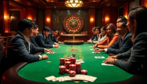 Sbobet players enjoying a thrilling poker game under luxurious casino lights.