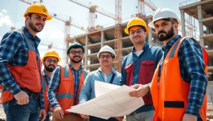 Showcase of Careers in construction with dedicated workers at a vibrant construction site.