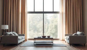 Verduisterende gordijnen in een moderne woonkamer die natuurlijk licht filteren.