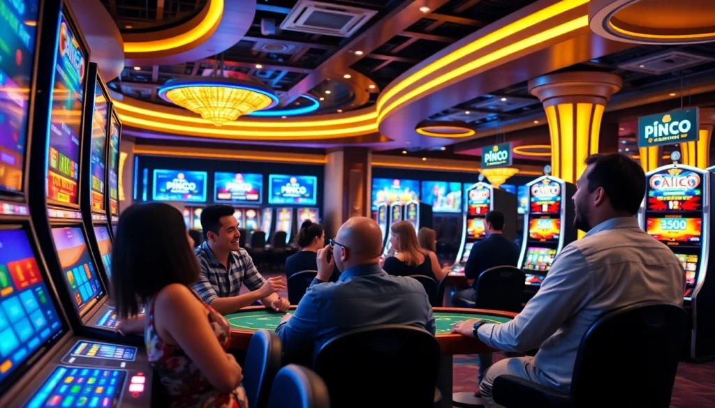 Pinco Casino saytında oyunlar oynayan müştərilər və parlaq kazino mühiti.