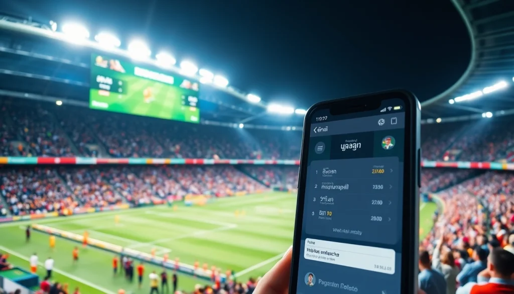 View of a smartphone app displaying ผลบอลสดภาษาไทย live scores amid a vibrant soccer stadium atmosphere.