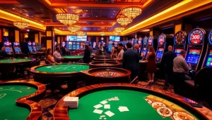 SODO-themed casino with elegant poker tables and vibrant slot machines, capturing excitement.