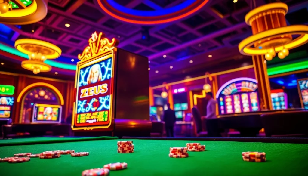 Spinning the vibrant Zeus Slot machine at a luxurious casino for big wins.