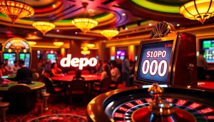 Excited gamblers at a luxurious casino playing slot depo 1000 with vibrant poker chips.