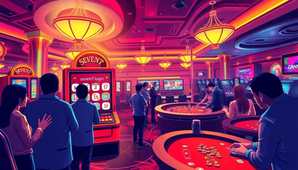 Excited gamblers using seven77 login to play on a vibrant slot machine in a luxurious casino.
