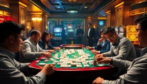 Players connecting tiles in a thrilling link mahjong game at an upscale casino table.
