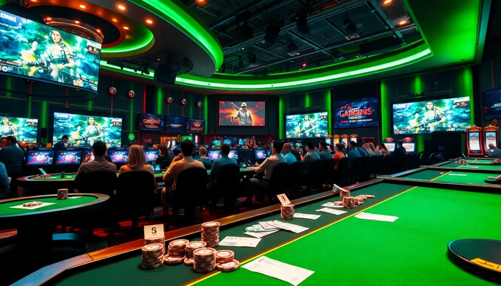 Experience the thrill of Trực tiếp esports as spectators engage in high-stakes gambling at a vibrant esports arena.