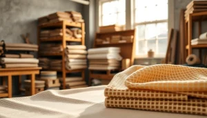 Wafel katoenen stof in een sfeervolle werkplaats met zachte verlichting en aardse tinten.