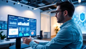 Professional analyzing real-time cybersecurity metrics powered by AI in a modern office setting.