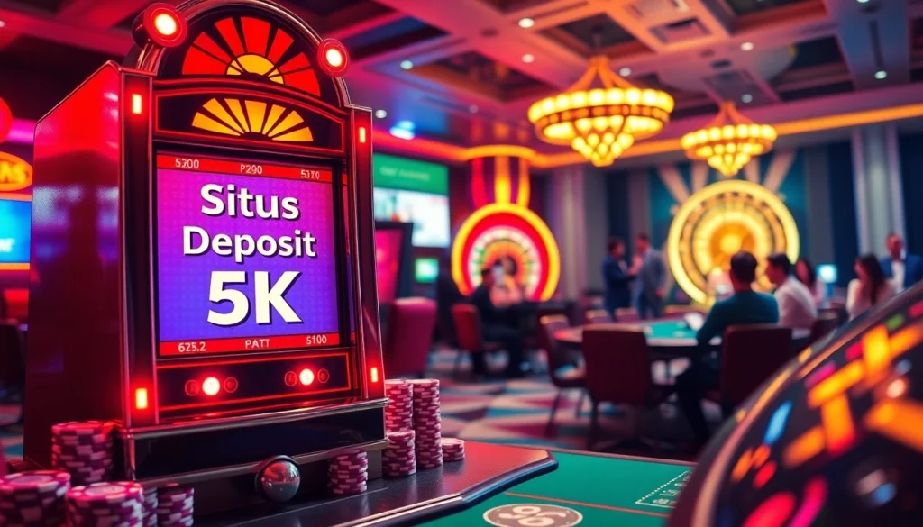 Situs deposit 5K menampilkan adegan mesin slot yang hidup dengan pemain yang terlibat dalam permainan yang seru.