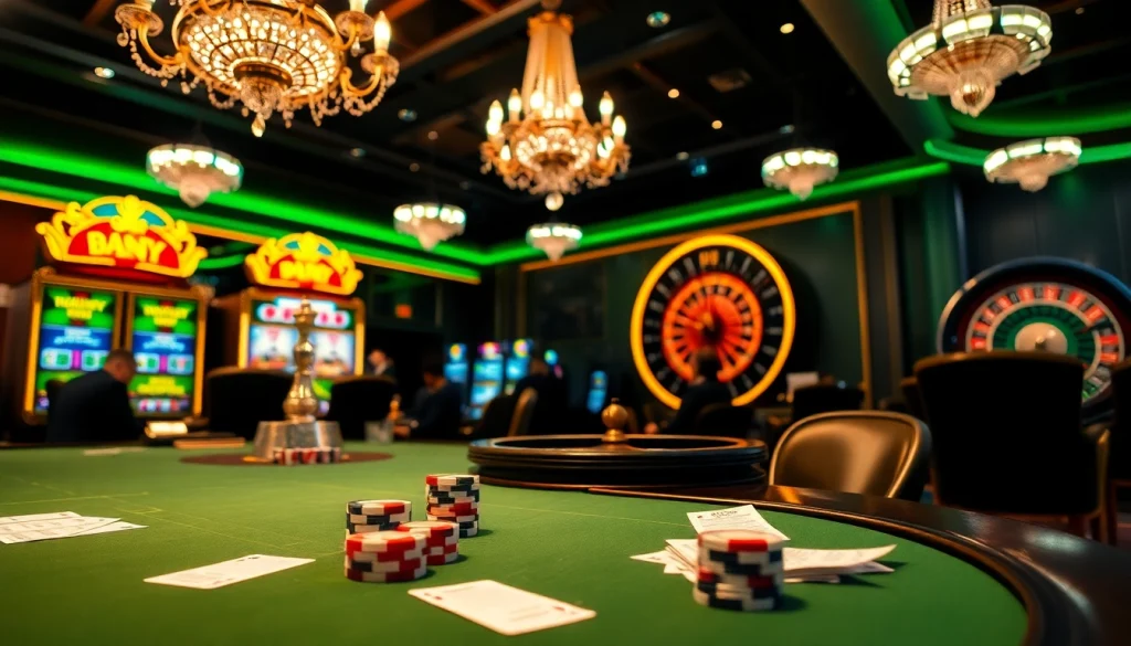 Situs deposit 5k action captured at a lively casino with poker chips and a roulette wheel.