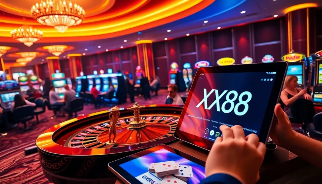 Players enjoying a thrilling gaming experience at XX88 casino with vibrant tables and slot machines.