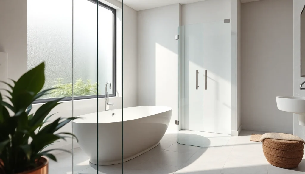 Showcasing elegant shower doors in a modern bathroom, highlighting sleek glass design and natural light.