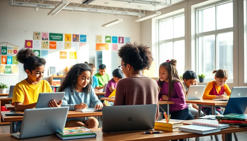 Empowering education scene highlighting equity and innovation in a vibrant classroom.