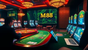 Engage with MM88 at a luxurious casino with vibrant tables, roulette, and online interfaces.