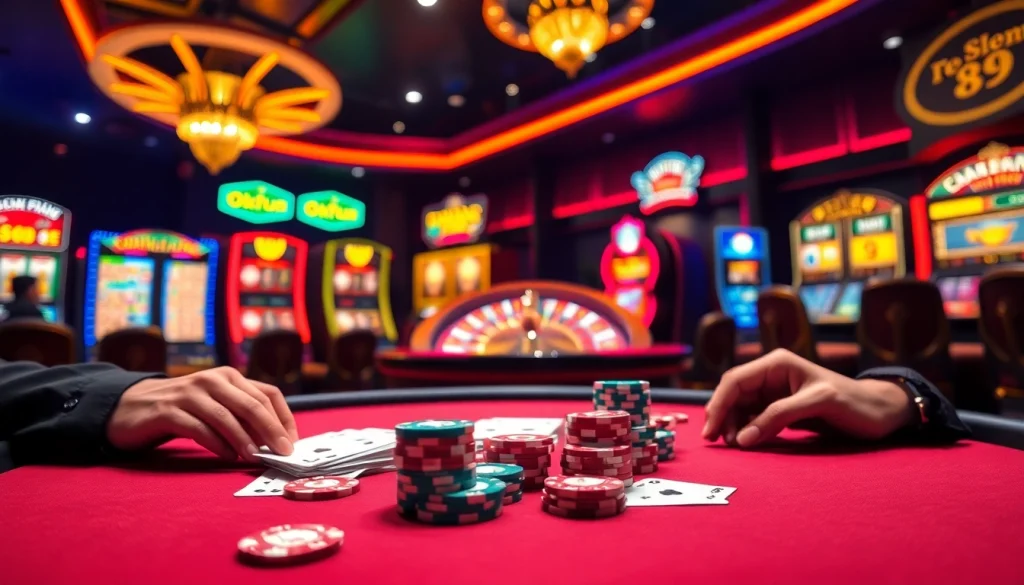Experience the thrill of okfun casino with rich poker tables and exciting slot machines in a vibrant setting.