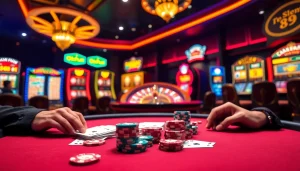 Experience the thrill of okfun casino with rich poker tables and exciting slot machines in a vibrant setting.