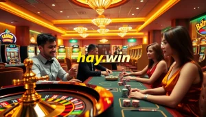 Exciting gaming action at hay.win with roulette, poker chips, and slot machines.