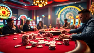 Players engaging with MK 8 poker chips and cards at a luxurious gambling table.