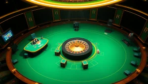 U888 online casino interface featuring a stylish gaming table and vibrant poker chips in a luxurious atmosphere.