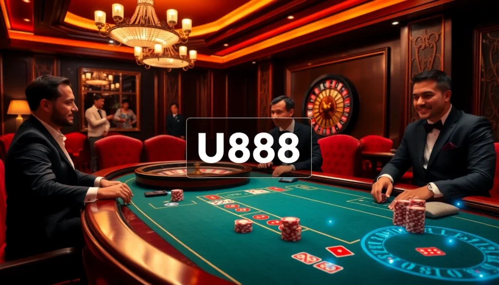 U888 gamblers enjoy a thrilling poker game at a luxurious casino table.