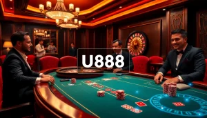 U888 gamblers enjoy a thrilling poker game at a luxurious casino table.