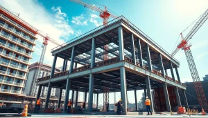 Workers engaged in structural steel construction amidst a vibrant urban backdrop.