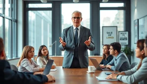 Business coach los Angeles motivating clients in a modern office environment.