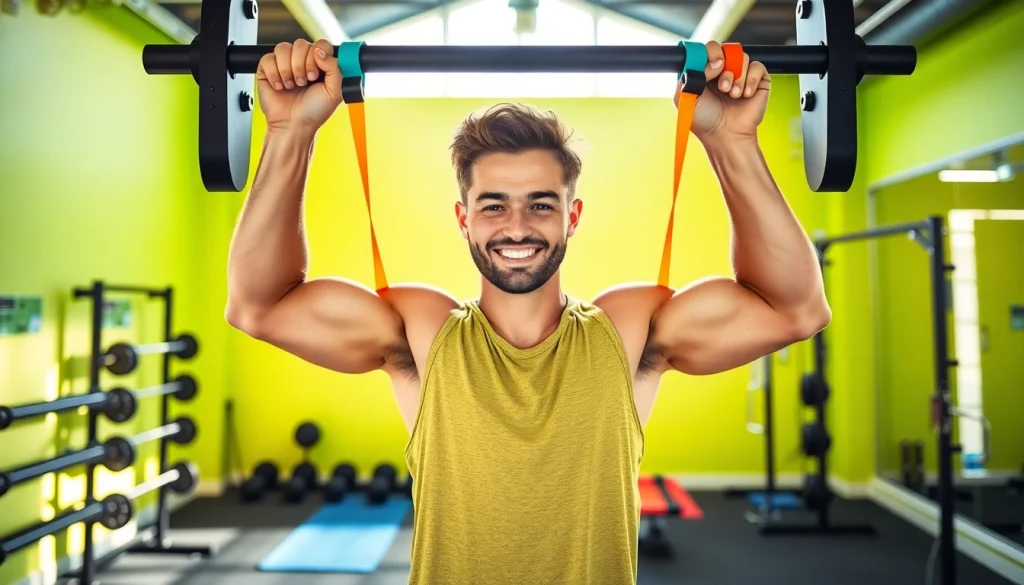 Fit individual using assisted pull-up bands for strength training in a bright gym.
