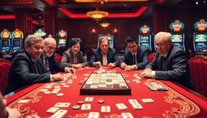 Pemain merencanakan strategi permainan Mahjong Link yang intens di meja kasino yang elegan, dipenuhi ubin mahjong.