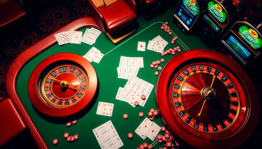 Sbobet betting slips prominently displayed on a luxurious casino table with roulette and poker elements.
