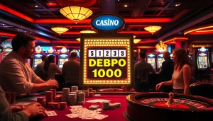 Permainan yang seru pada mesin SLOT DEPO 1000, dengan para pemain merayakan kemenangan di lingkungan kasino yang penuh warna.