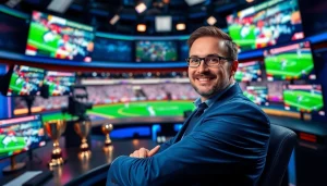 Engaging host in vibrant sports broadcasting studio presenting live game highlights.