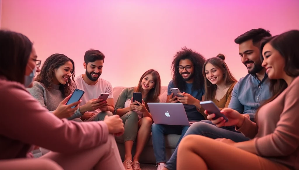 Find OnlyFans by picture in a cozy modern lounge where friends share images on devices.