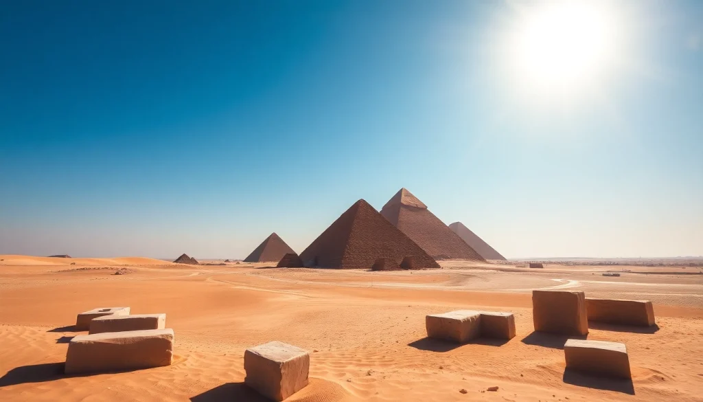 Piraminds towering majestically against a vibrant blue sky in the Egyptian desert.