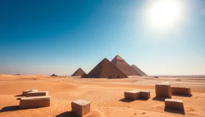 Piraminds towering majestically against a vibrant blue sky in the Egyptian desert.