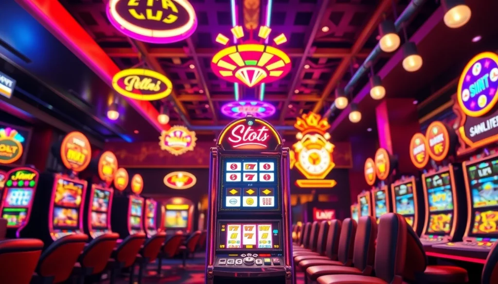 Permainan slot deposit 1000 yang penuh warna dengan mesin slot bersinar di kasino.