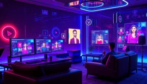 Visualize a modern workspace showcasing NSFW AI interactions with vibrant screens and holographic avatars.