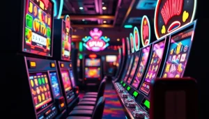 Slot depo 1k menarik perhatian dengan visual mesin slot yang ceria dan suasana kasino yang meriah.