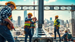 Workers engaged in structural steel installation on a bustling construction site.