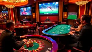 Watching trực tiếp bóng đá with excitement at a vibrant casino table surrounded by intense players.