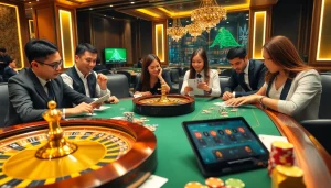 Gamblers enjoying a poker game at a luxurious RR88 casino, featuring cards and chips.