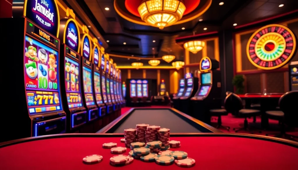 A player enjoying the thrill of jamuslot at a luxurious casino slot machine with colorful designs and winning animations.